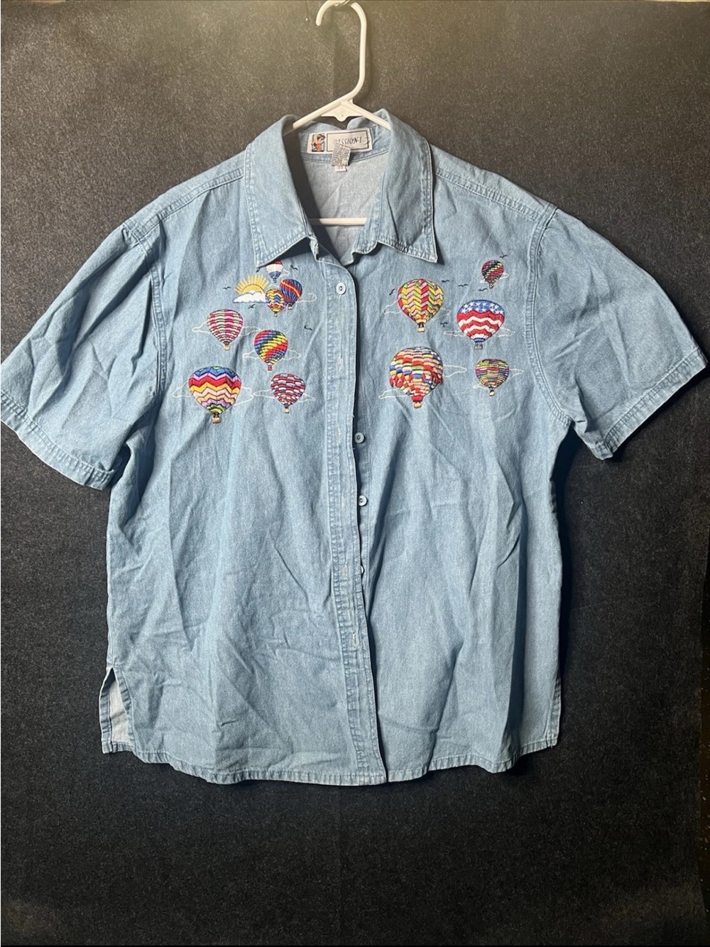 Vintage 80s PASSION-I Denim Cotton Embroidered Hot Air Balloon Button-Up Mens 1X